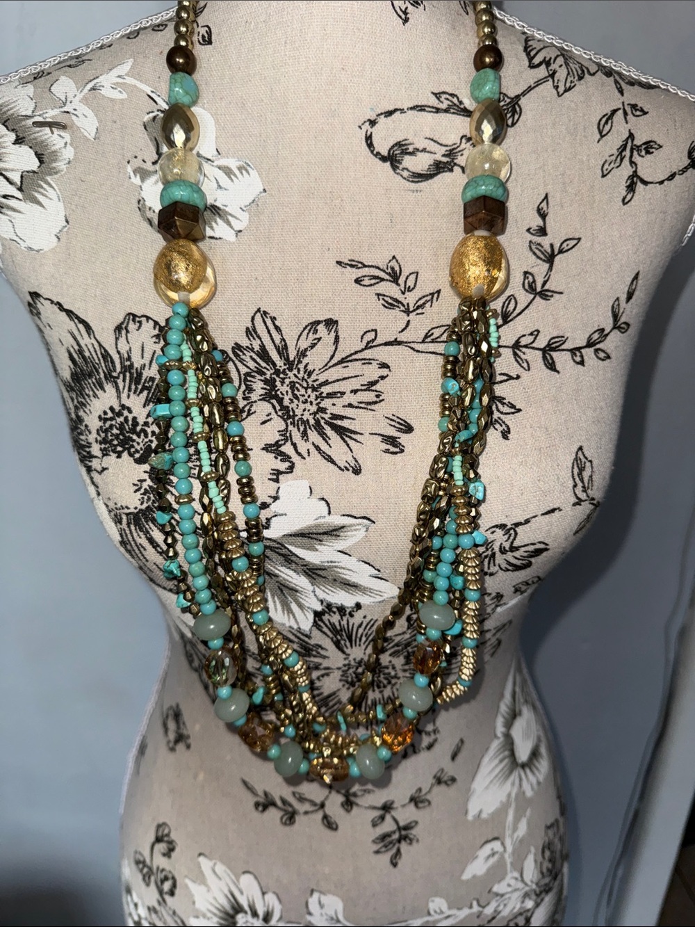 Layered Turquoise Bead and Gold-Tone Multi-Strand Necklace - Women Jewelry